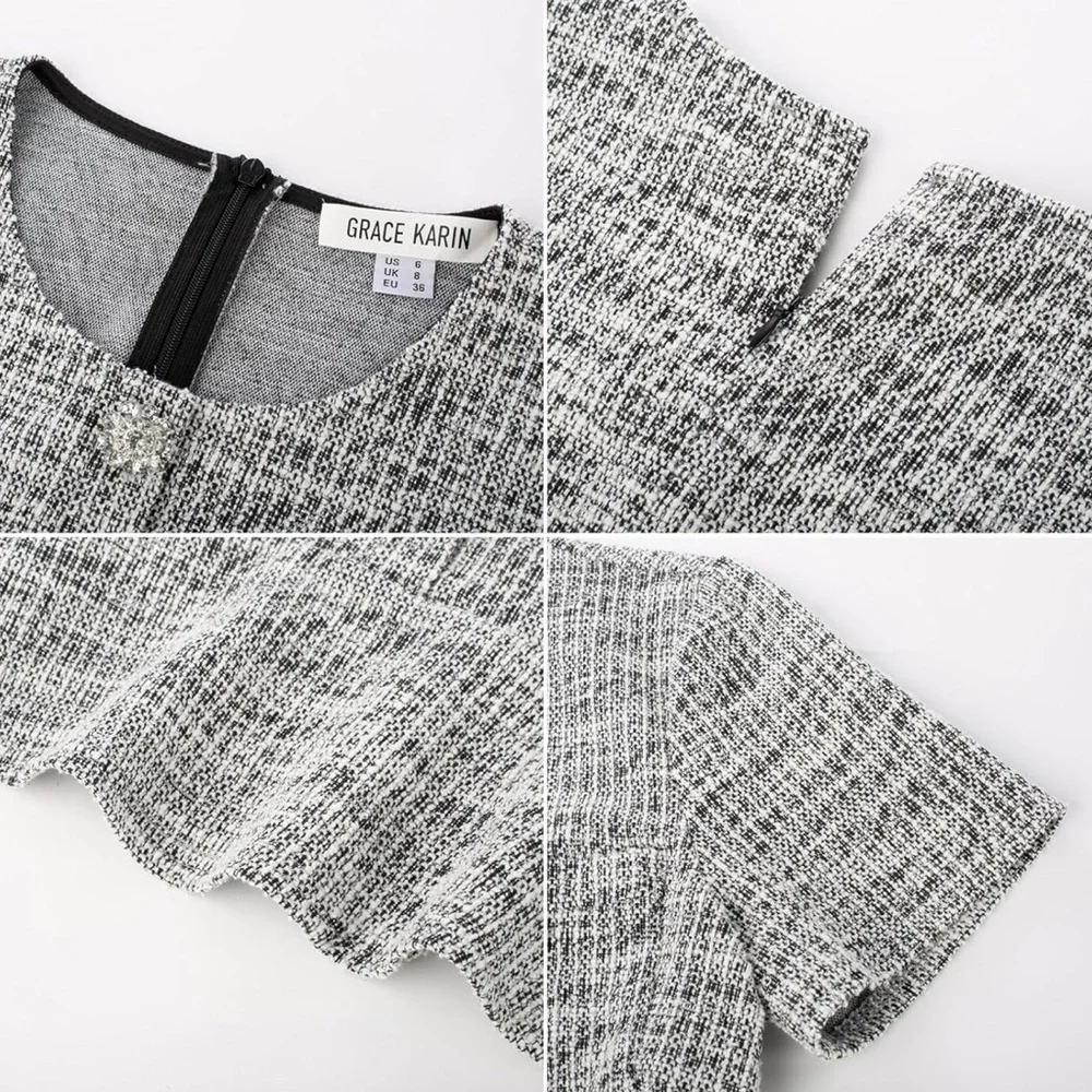 NWT Elegant Gray tweed jeweled buttons Short Sleeve Dress - Picture 5 of 11